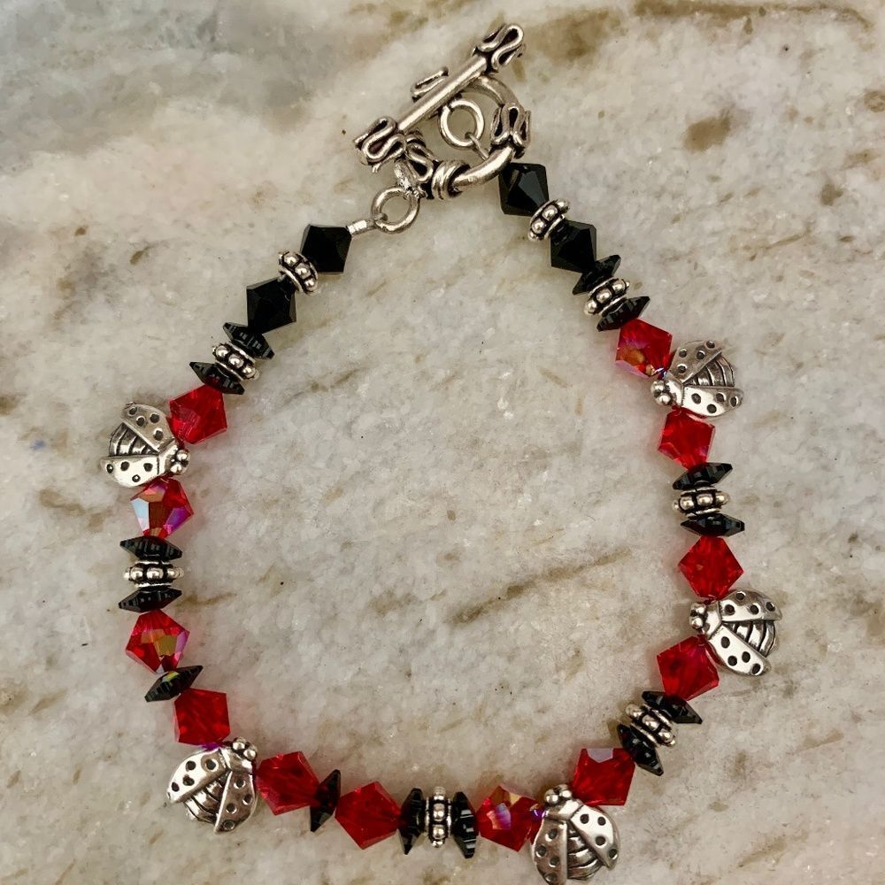Ladybug Red Black Crystals Handmade Bracelet #garden #good luck #handmade